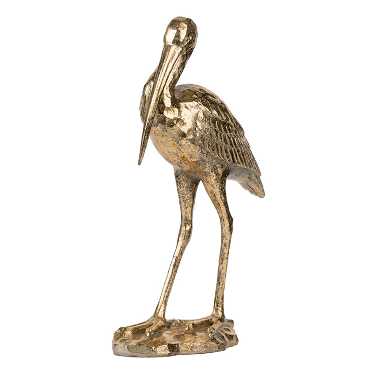 Standing Crane Figurine - 10" x 16" x 3.5" - Antique Gold