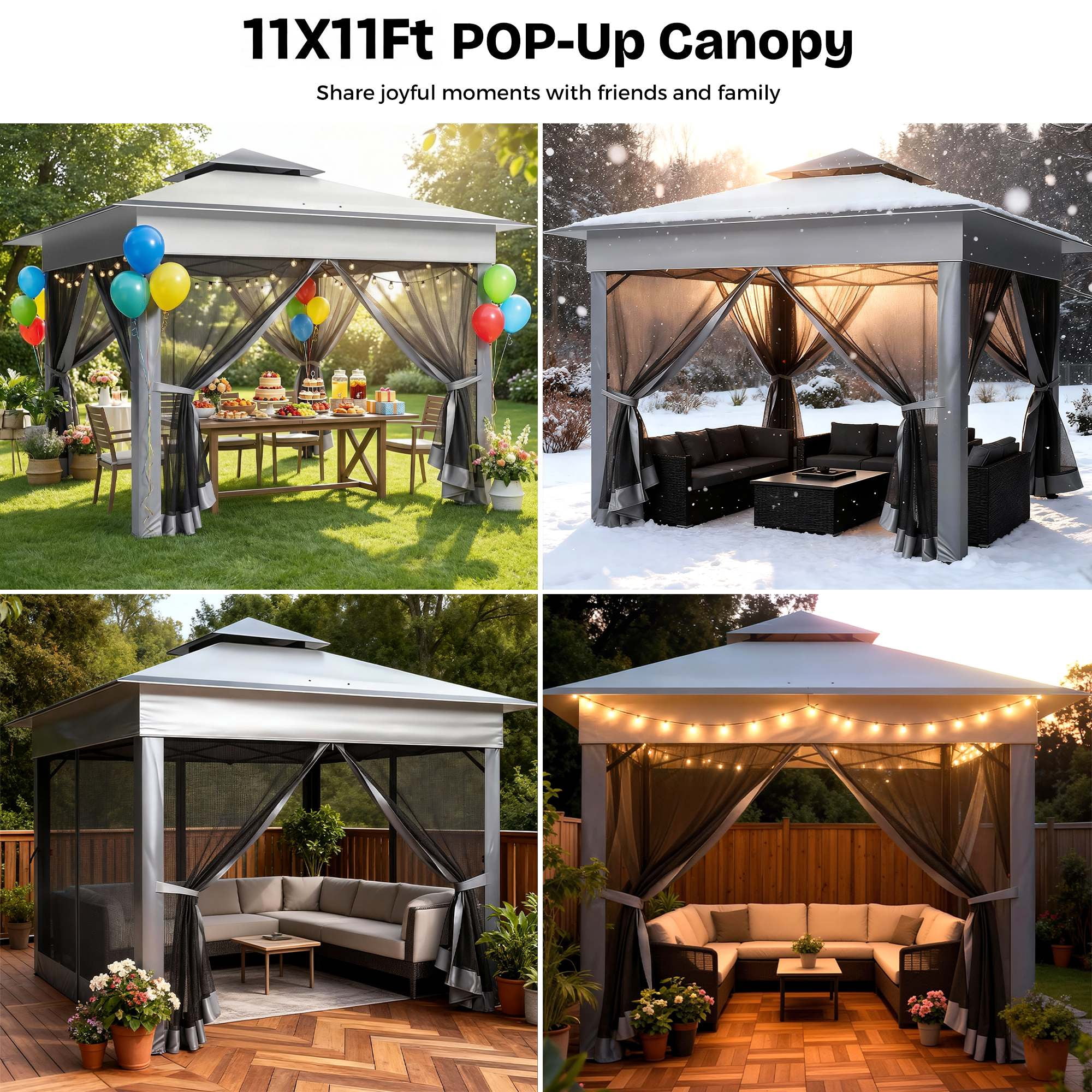 Advwin 11x11 Pop Up Gazebo Tent with Netting, Instant Outdoor Canopy Shelter with Wheeled Carry Bag, Double Roof Vent, 3 Adjustable Heights, Portable Canopy for Patio,Gray