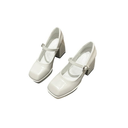 

Gomelly Womens Dress Pump Shoes Square Toe Pumps Ankle Strap Buckle Mary Jane Heels Comfort Leather Shoe Wedding Formal White 4.5
