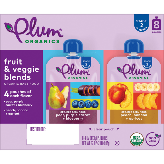 Plum Organics Stage 2 Organic Baby Food, Variety Flavors, 4 oz Pouch (8 Pack)