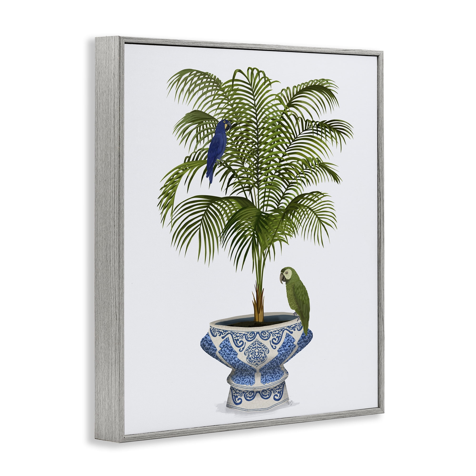 Stupell Industries Parrots on Ornate Planter Botanical & Floral Painting Gray Framed Art Print Wall Art, 11 x 14