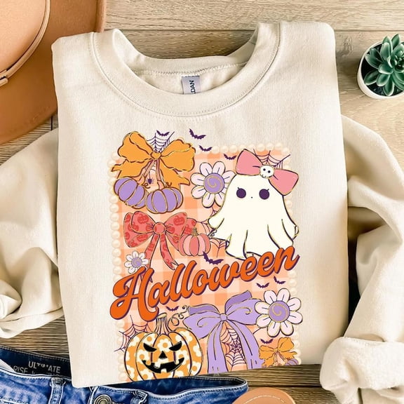 Coquette Halloween Ghost Shirt, Boho Spooky Season Tee with Girly Pumpkin Bow, Floral Retro Halloween Shirt Design for Women and Teens