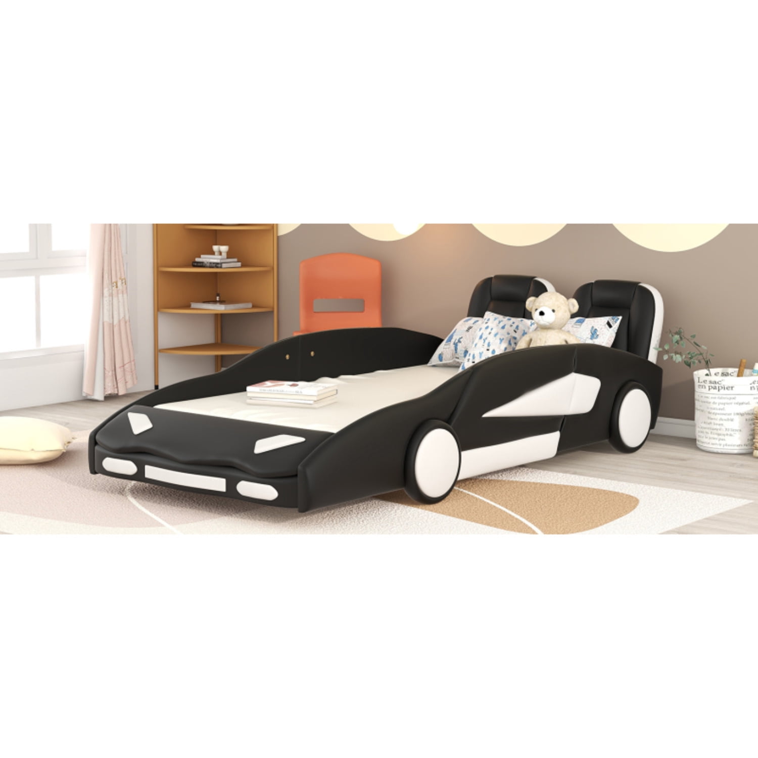 Twin Size Race Car-Shaped Platform Bed with Wheels Black