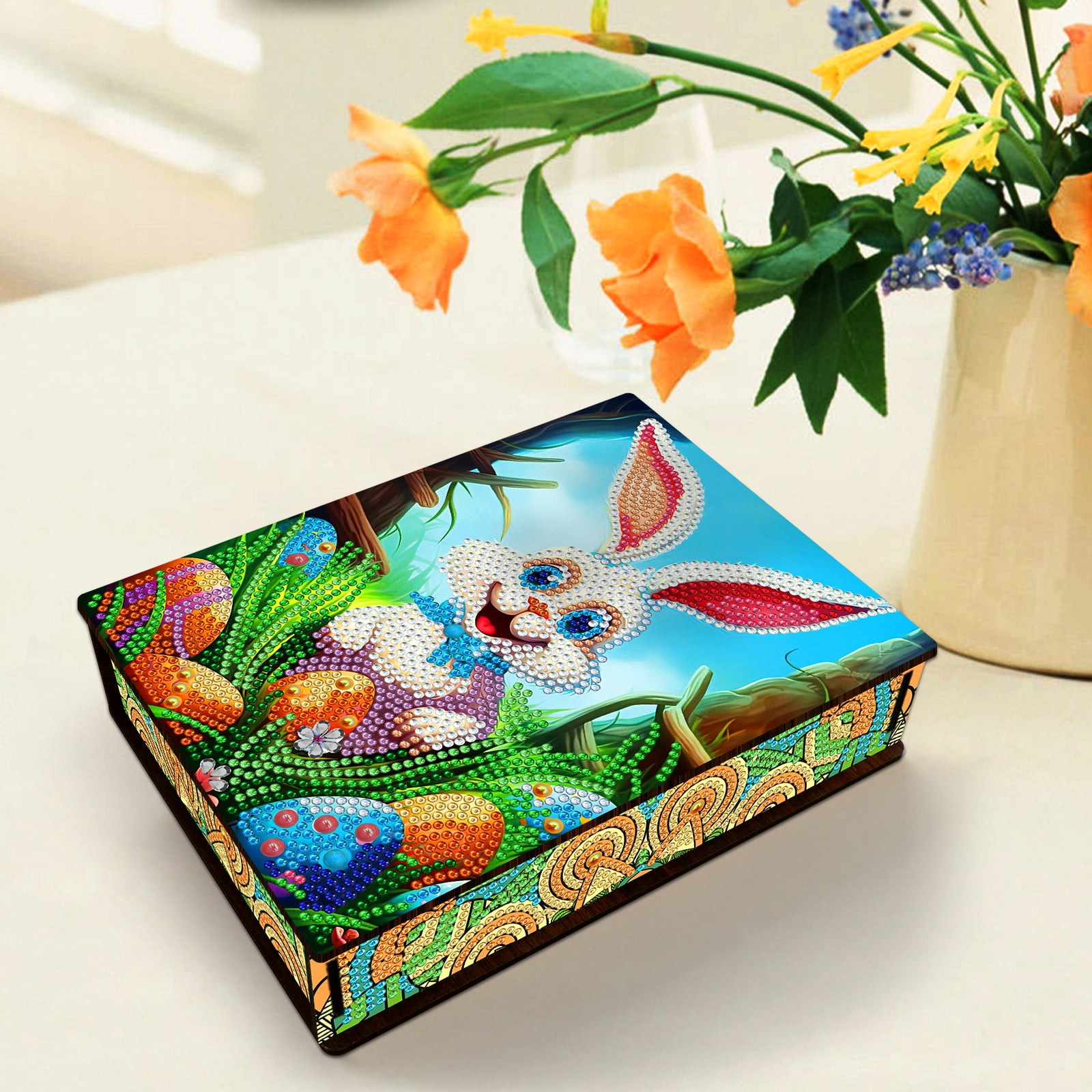 FLOPESN Easter Bunny Eggs DIY Diamond Art Painting Storage Box, Diamond Painting Large Capacity Holiday Storage Box placable jewelry, cosmetics, and small items
