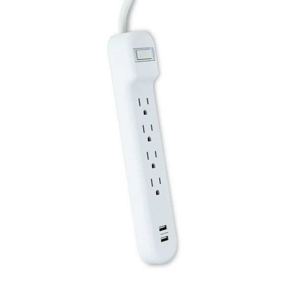 onn 4-Outlet 2USB Surge Protector White 2.5ft Power Cord