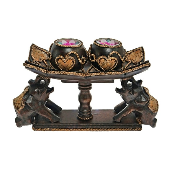 AeraVida Indoor/Outdoor 10 in x 2.5 in Wood Elephant Balancing a Pedastal Rain Tree Pillar Candle Holder