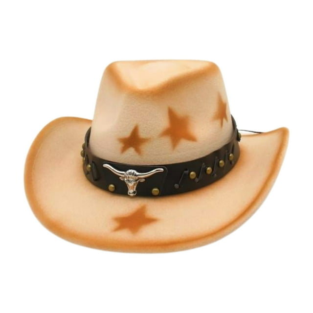 Wdgfv Western Cowboy Hat Featuring Studded Bull Head Design And Star Pattern With Heart Top For Fashionable Western Style Beige One Size