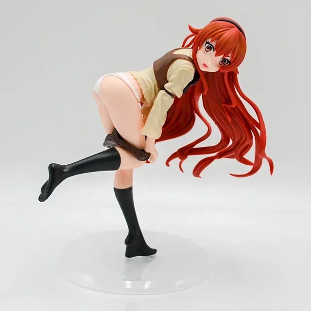 17cm mushoku tensei reencarnación sin empleo figura de chica de anime sylphiette figura de acción eris boreas greyrat estatuilla modelo muñeca de juguete Primera edición 1/7 escala con base transparente; muestra a Sylphiette en pose inclinada sobre una pierna, cabello largo rojo anaranjado esculpido en mechones, uniforme escolar beige con chaleco marrón y medias negras parcialmente bajadas que dejan ver ropa interior blanca. Figura PVC detallada, sin caja de venta indicada, recomendada para mayores de 18; también usada frecuentemente para exhibición en vitrinas de colección.