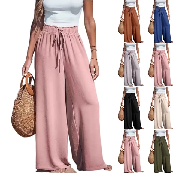 Summer Linen Pants Women 2026 Bow Tie Knot High Waisted Wide Leg Palazzo Pants Casual Flowy Beach Pant Dress Trousers Pink S