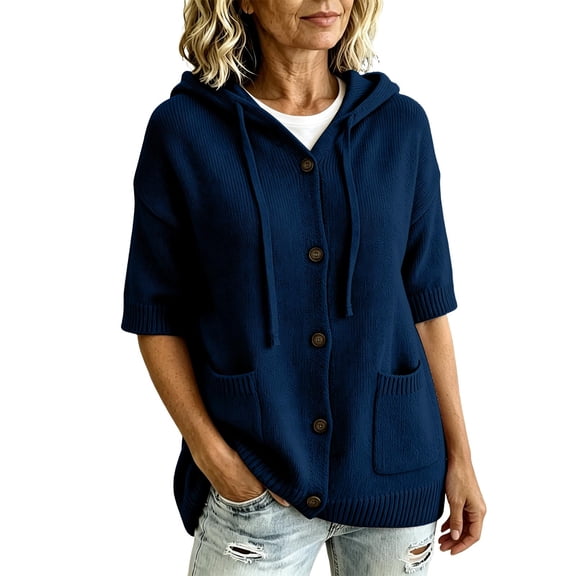 yillto Womens Short Sleeve Sweater Cardigan with Hooded Button down Casual Loose Knit Coats with Pockets
