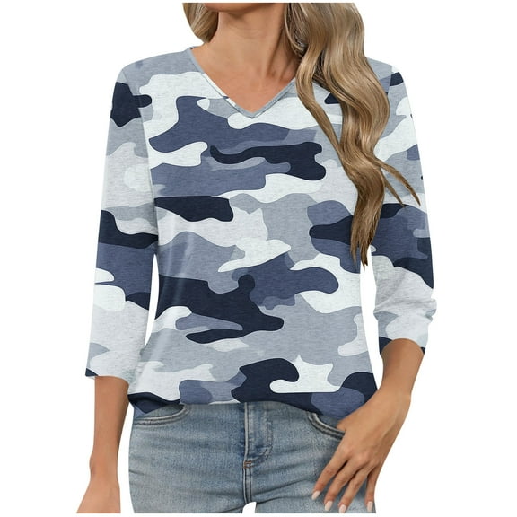 ZQUUVOU Women's T-Shirt Casual V-Neck 3/4 Sleeve Blouse Blue (L)