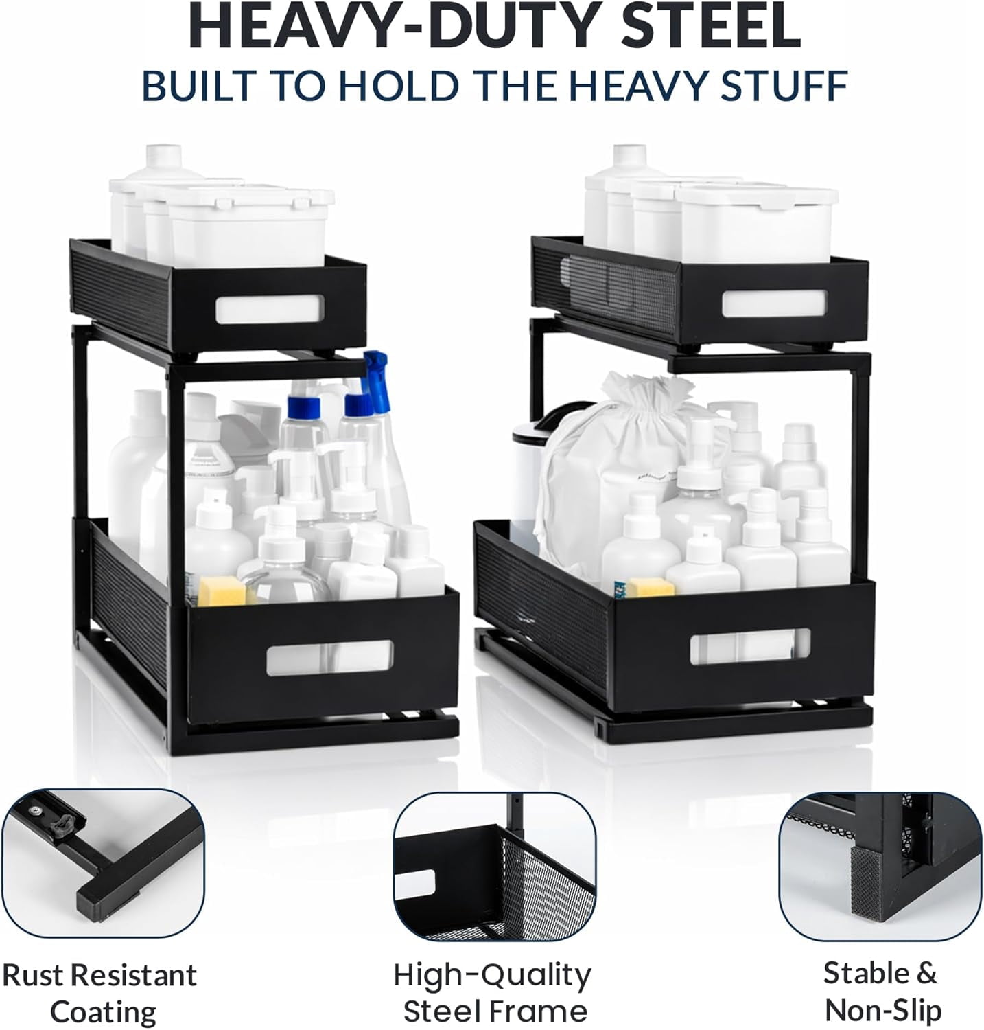 Heavy Duty Matte Black Metal Under Sink Organizer Set of 2 with Retractable Shelves, Adjustable Height, Expandable Storage for Kitchen Bathroom and Laundry Room