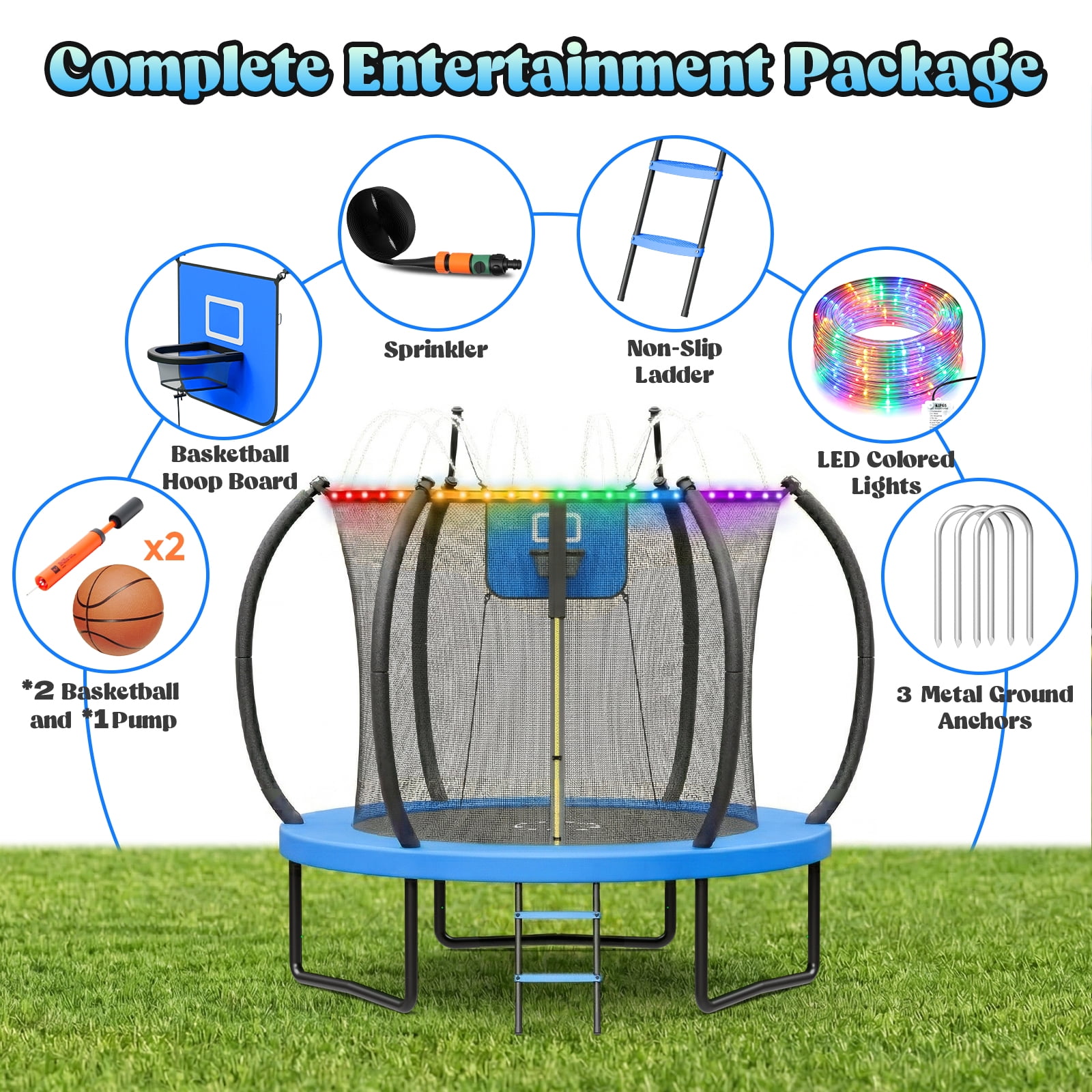 Outdoor Trampoline,Fashionsport Outfitters 8FT Round Jumping Trampoline with Ladder,String light,Sprinkler,Basketball Hoop Board,Recreational Backyard Trampolines Anti-Rust for Kids Gift