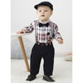 thumbnail image 6 of Baby Boy Clothes Suits 0-18 Months Gentleman Outfit Plaid Romper Beret Hat Suspender Pants Tie Wedding Set, 6 of 17