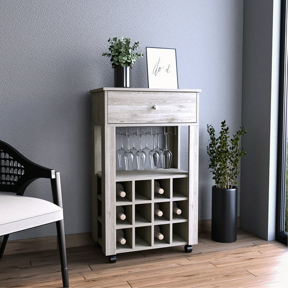 Bar Cart In Gray With 12 Wine Rack Compartments And Extra Storage Featuring Twelve
