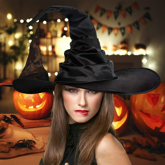 Dserhfy Halloween Pleated Witch Hat Masquerade Party Cosplay Costume Pointed Floppy Wide Brim Black Wizard Hat Party Supplies