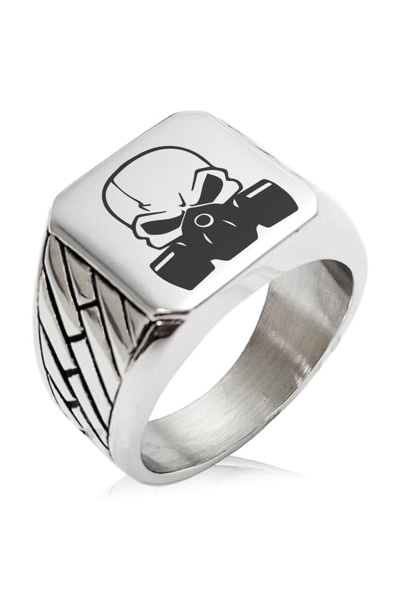 Stainless Steel Biohazard Death Skull Geometric Pattern Biker Style Polished Ring