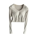 thumbnail image 2 of Rciityk Beige Women's Long Sleeve with Bra Pads Crop Tops Yoga Workout V-Neck Solid Shirts Lightweight Basic Comfy Tee, 2 of 6