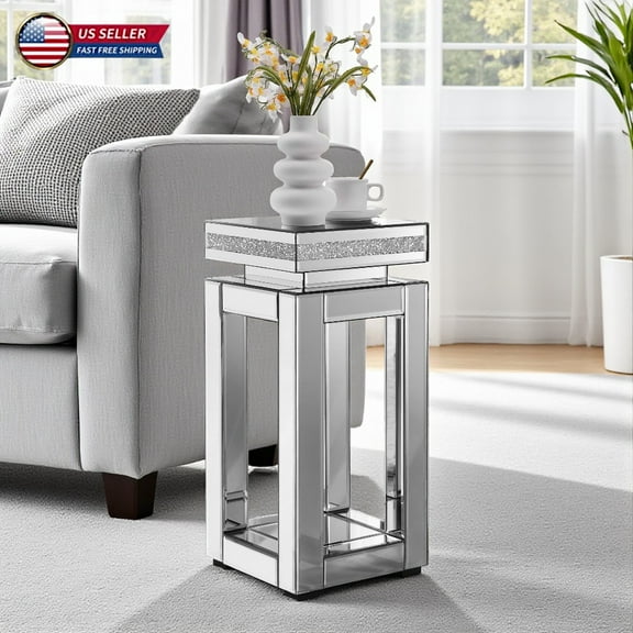 Hassch 2-Tier Mirrored Side Table, 26" Tall Square Silver End Table with Crystal Inlay and Reflective Glass Finish, Fully Assembly Accent Table for Living Room & Home Office