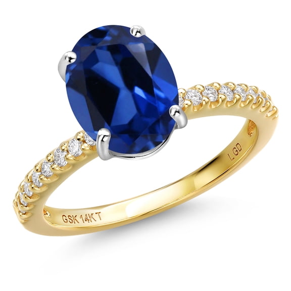 Gem Stone King 14K Two Tone Gold Blue Created Sapphire and Lab Grown Diamond Engagement Ring for Women | 3.46 Cttw | Oval 10X8MM | Gemstone September Birthstone | Size 6
