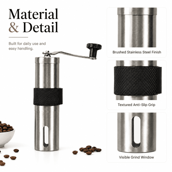 Manual Ceramic Burr Coffee Grinder, Adjustable Portable Hand Crank Mill, Stainless Steel Coffee Grinder with Silicone Sleeve & Detachable Handle for Travel Camping Home Office Espresso