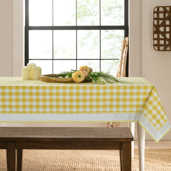 Country Farmhouse Plaid Buffalo Check Stain & Spill Proof Fabric Tablecloths - Yellow, 8-10 Chairs