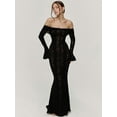 thumbnail image 2 of Women Elegant Off Shoulder Lace Bodycon Maxi Dress Bell Sleeve Mesh Sheer Mermaid Wedding Party Dress Black L, 2 of 3