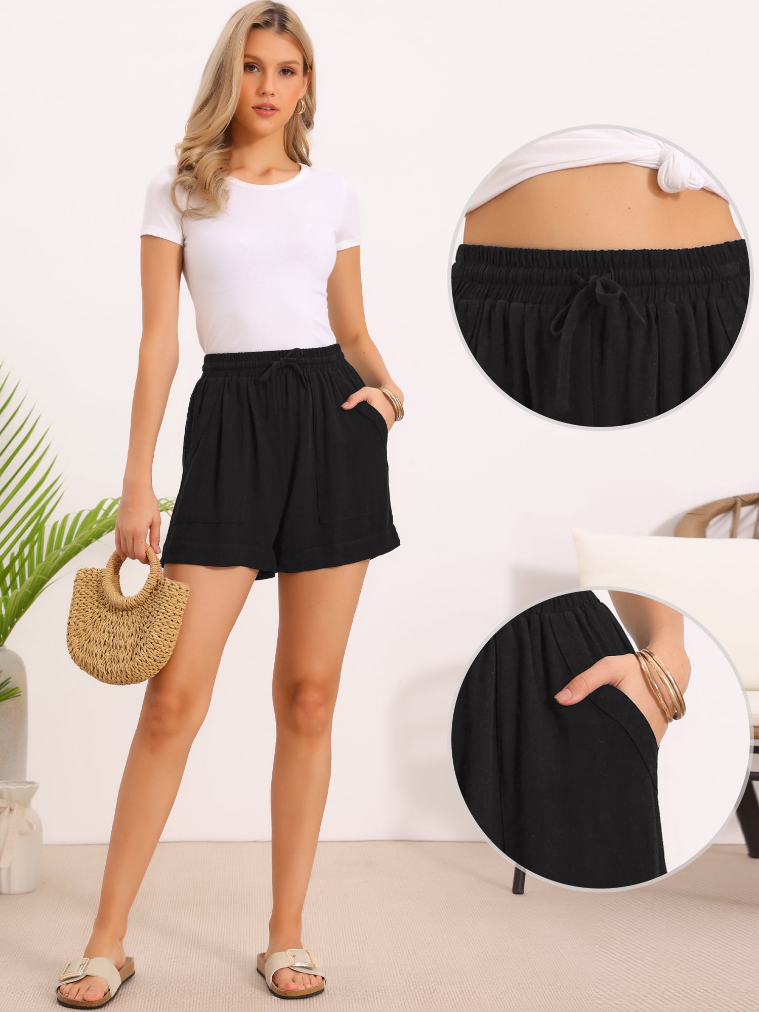 DARING DIVA Women's Wide Leg Drawstring Vacation Beach Pants Medium Black