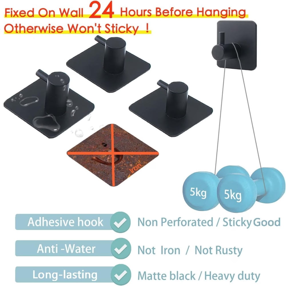 Hent 6-Pack Self-Adhesive Hooks — Featuring Strong Adhesive Backing, Ideal for Hanging on Walls and Behind Doors; Black Adhesive Hooks Designed Specifically for Bathrooms (Towel Hooks), Kitchens, and