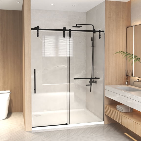 VERTEX&KAIBIN 44-48" x 76" H Frameless Sliding  Shower Door, 5/16" (8mm) Clear Tempered Glass, Stainless Steel Frame,Matte Black