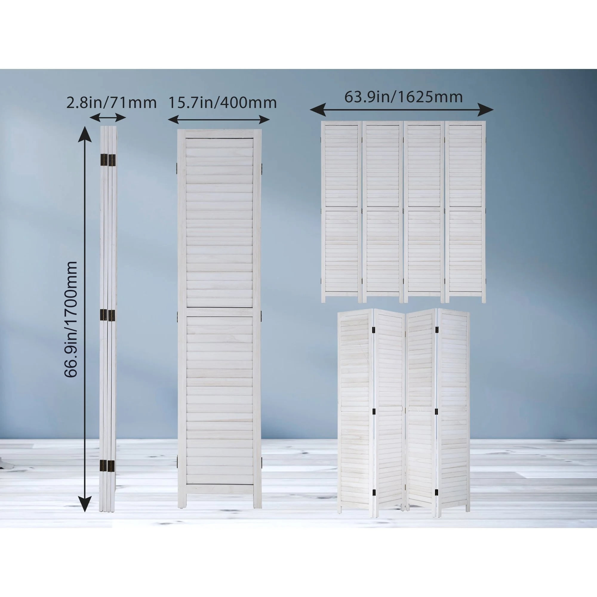 NiamVelo 4 Panel Wood Room Divider Folding Privacy Screen Freestanding Wall Divider for Home Office, White