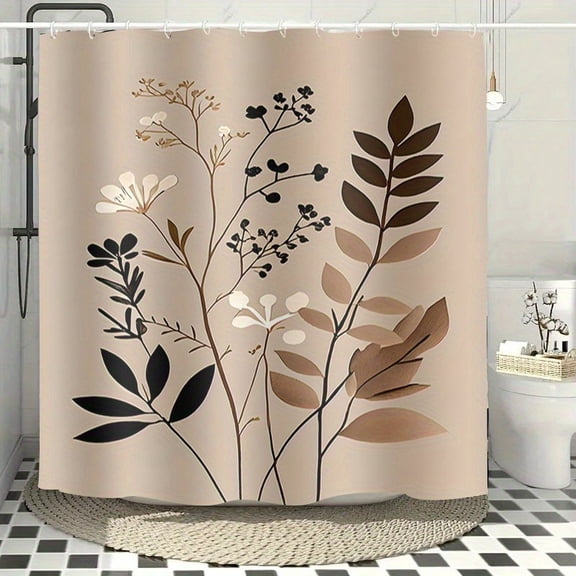 Neutral Beige Brown Abstract Branch Leaf Minimal Print Waterproof Fabric Shower Curtain With Hooks Warm Boho Farmhouse Bathroom Decor
