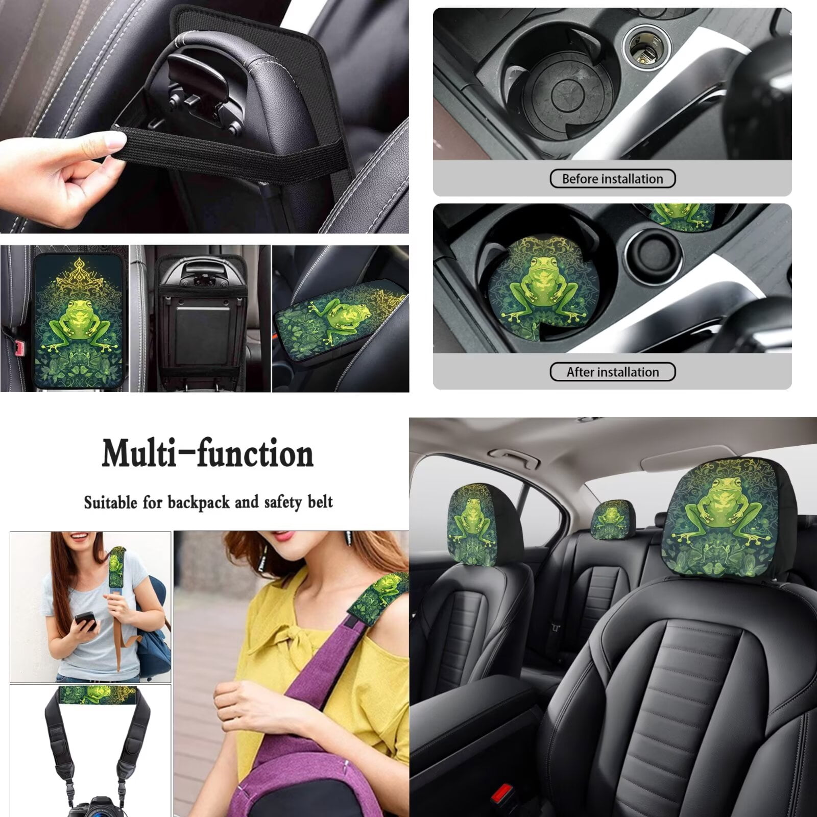 LedBack Boho Frog Printed Car Seat Covers Full Set Steering Wheel Cover Seat Belt Cover Armrest Pad Cup Mat Keychain Head Rest Covers for Car, Rear Front Seat Protector Car Accessories
