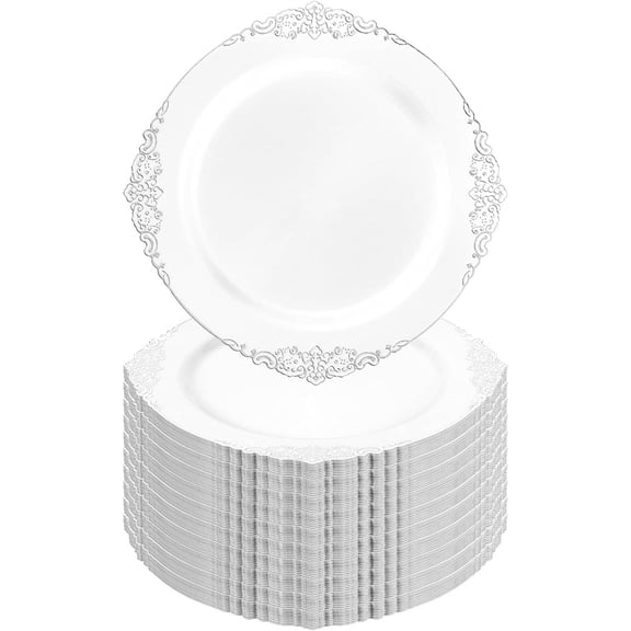 White and Silver Plastic Plates – Heavy Duty Disposable Dinner Plates & Party Plates for Weddings, Parties, Events – Elegant, Sturdy
