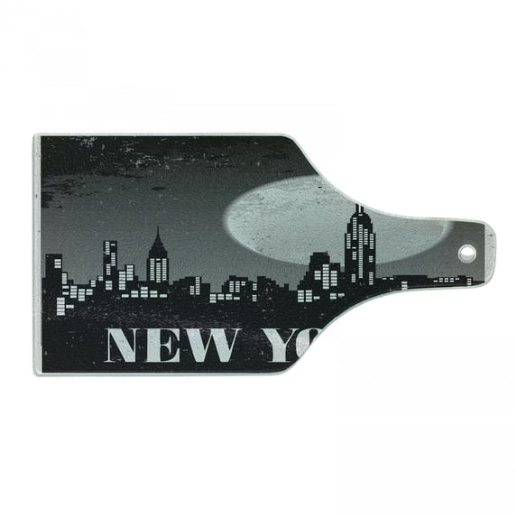 NYC Scene Cutting Board, Typography Illustrated in a Grunge Style Nighttime City Setting, Decorative Tempered Glass Cutting and Serving Board, in 3 Sizes, by Ambesonne