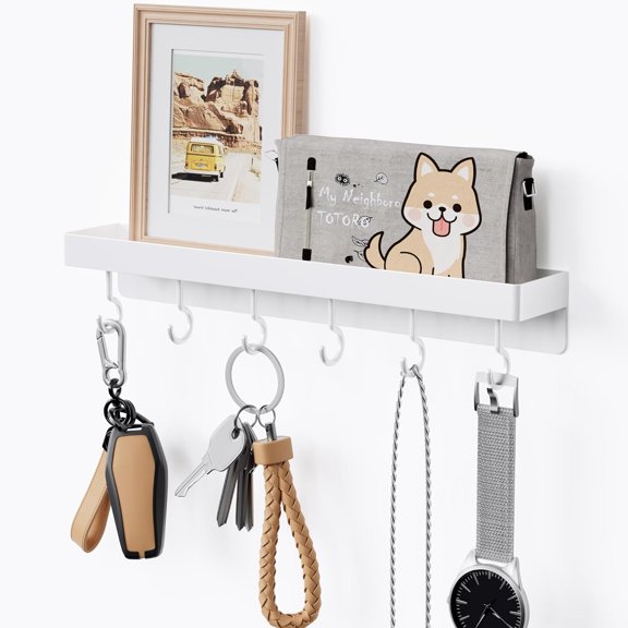 White Key Holder Wall Mount, Stainless Steel Self Adhesive Hooks Rack with Shelf, No Drill Key Hanger for Door and Wall