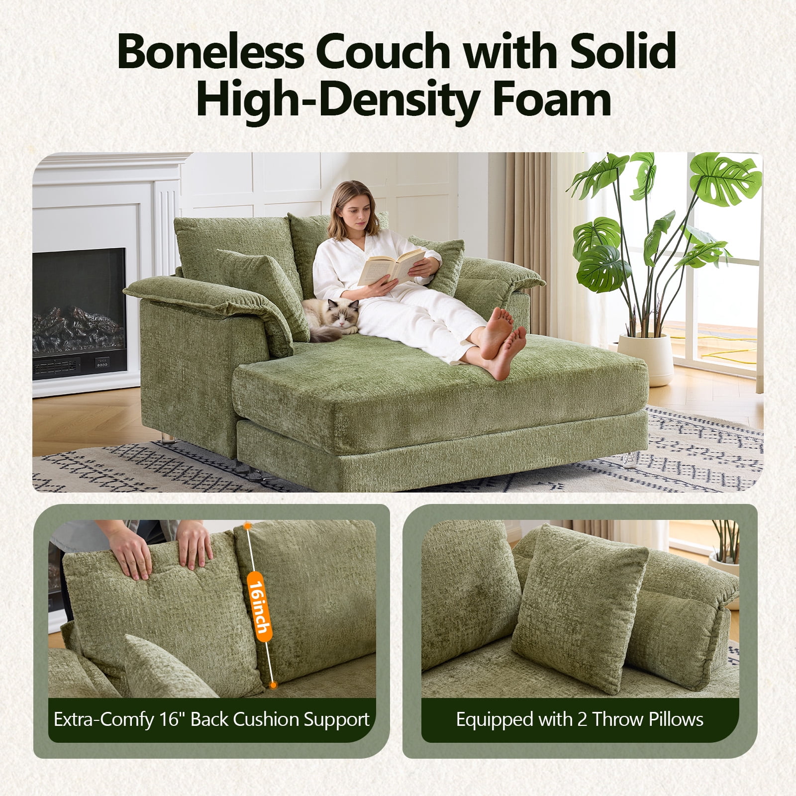 Ktaxon Jacquard Plush Fabric Chaise Lounge, Sofa Bed with Acrylic Legs, Floating Sleeper with Pillow Armrest, 2-Person Seating for Living Room & Game Room Green
