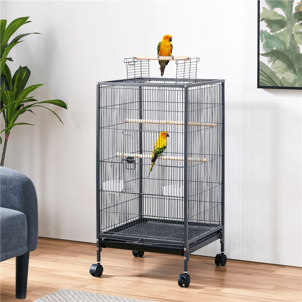Yaheetech 40" H Wrought Iron Bird Cage with Open-Top Design & Rolling Stand Black