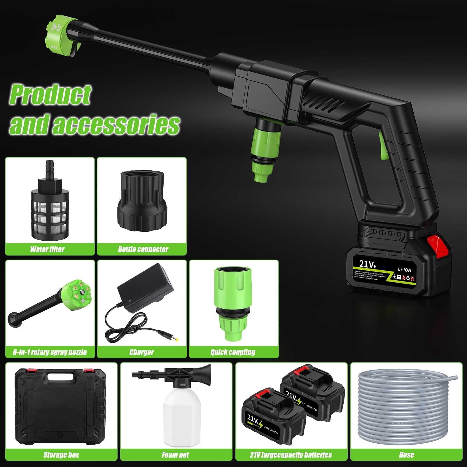 Portable High Pressure Car Wash, 6-in-1 Nozzle Cordless Car Washer, 500PSI Battery Powered Pressure Washer with 2 Rechargeable Batteries & Foam Bottle