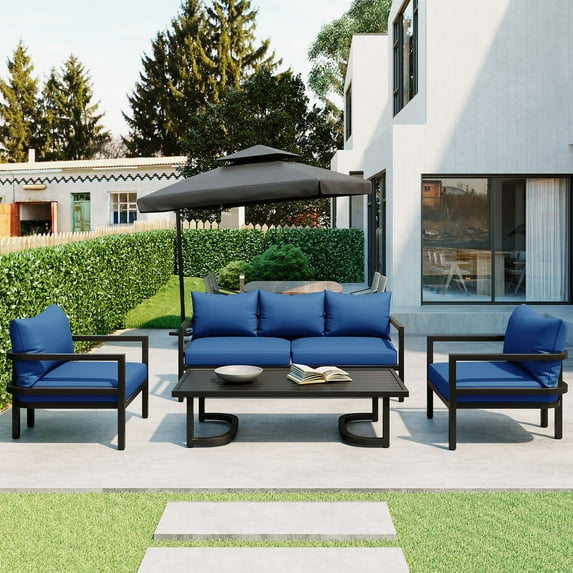 Modern 4-Piece Patio Furniture Set, Outdoor Sectional Sofa Set Steel Conversation Set with Loveseat, 2 Armchairs and Coffee Table, All Weather Metal Frame Chair Set with Blue Cushions