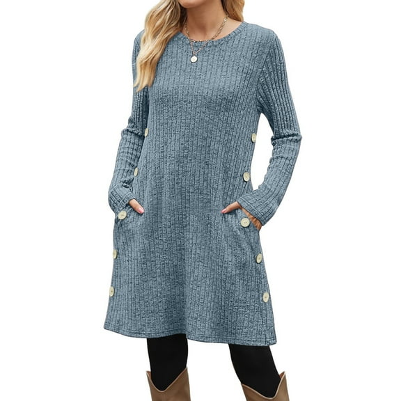 Fantaslook Long Sleeve Womens Dresses Crew Neck Buttons Tunic Sweater Dress with Pockets