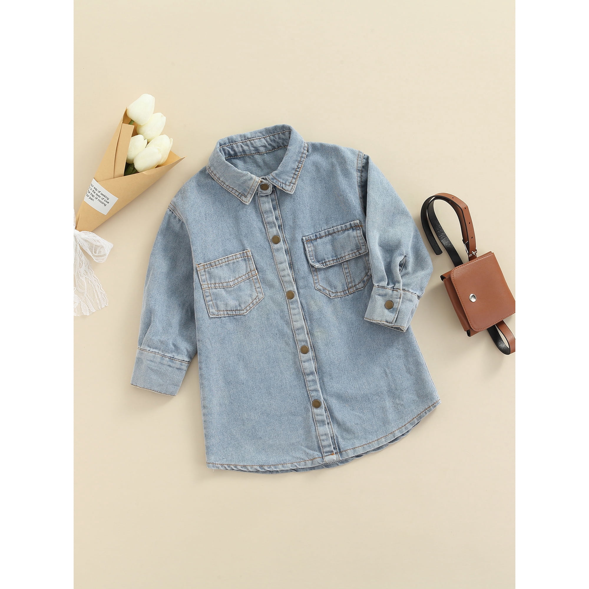 Boiiwant Baby Girl Denim Shirt Dresses Toddler Ruffle Long Sleeve Jean Dress Button Down Casual Tunic Tops