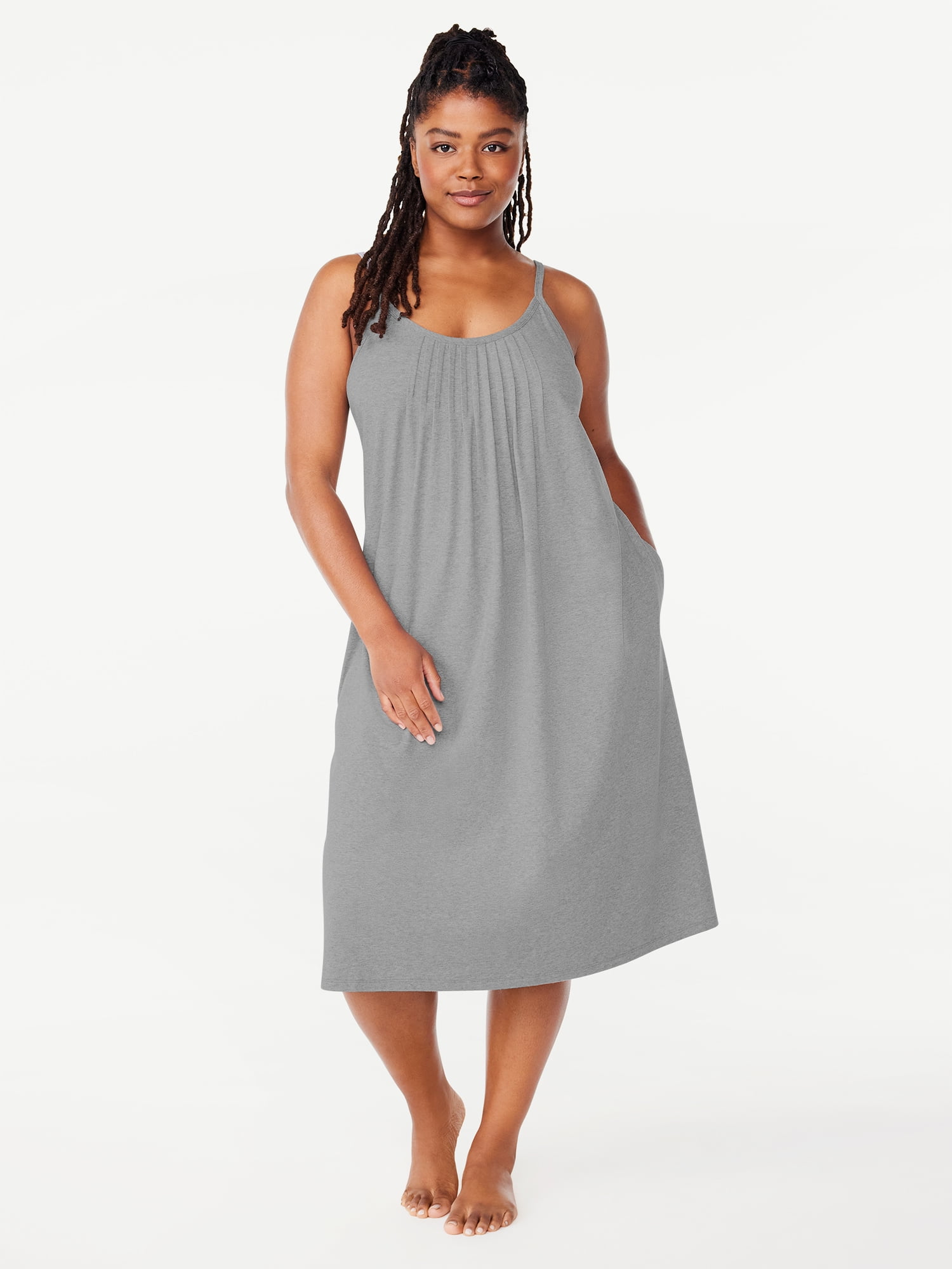 Joyspun Women’s Cotton Blend Pleated Neck Sleeveless Midi Nightgown, Sizes S to 5X