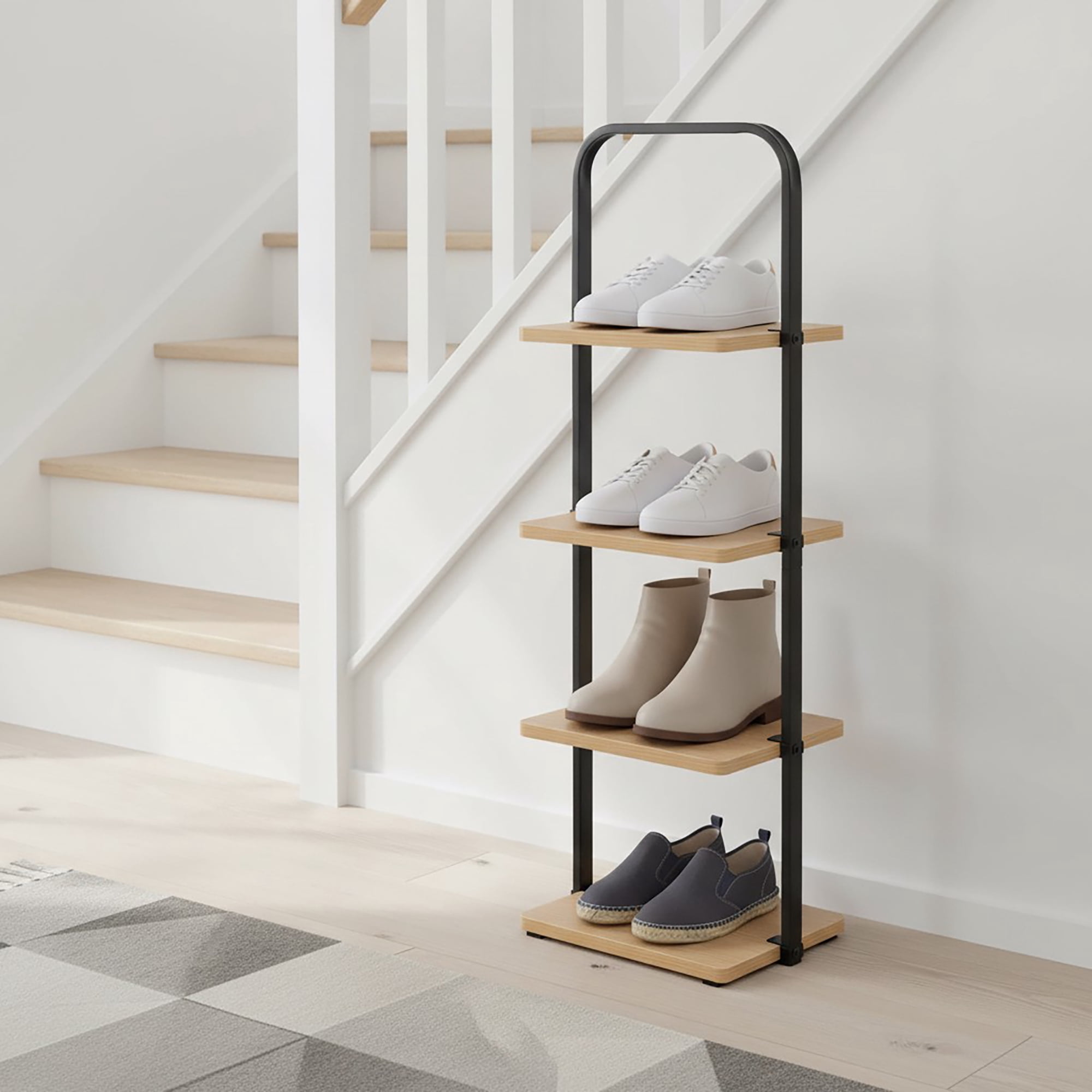 Better Homes & Gardens Juliet 4-Tier Wooden Shoe Ladder for Shoe Storage, Black and Light Honey Wood, Holds up to 4 Pairs