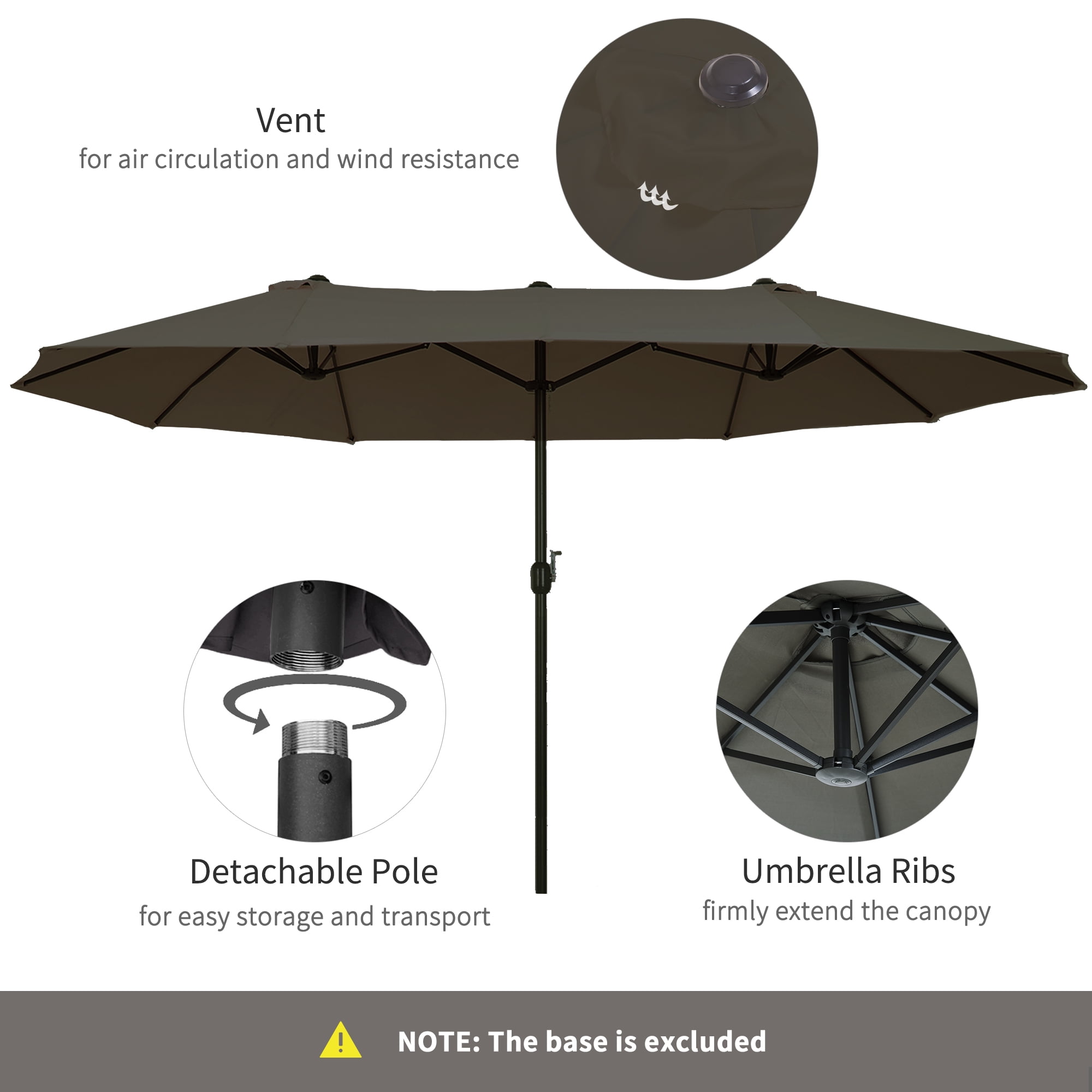 Outsunny 15' Extra Large Double Patio Umbrella for Pool, Gray
