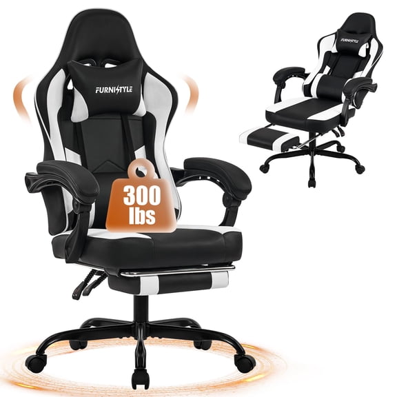 Reclining Gaming Chair with Linkage Armrests, Ergonomic Computer Office Chair for Adults, Lumbar Support & Footrest, PU Leather Black White
