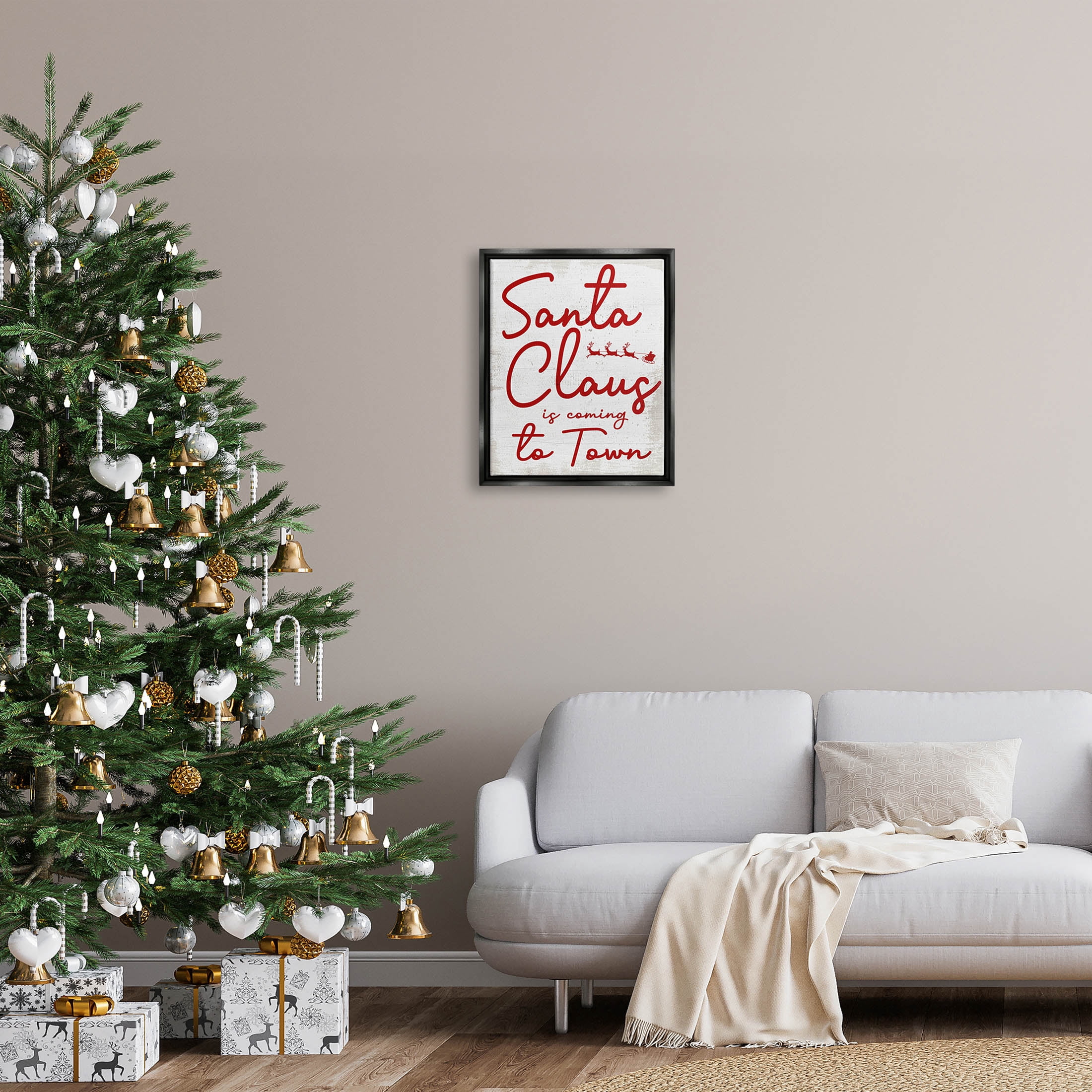 Santa Claus Coming to Town Phrase Holiday Graphic Art Jet Black Framed Art Print Wall Art