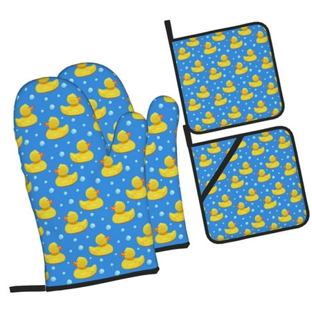 

Tebeau Cute Yellow Rubber Ducks Print 4 Pcs Oven Mitts and Pot Holders 500°F High Heat Resistant Kitchen Oven Mitts with Pot holders Long Oven Mitts for Baking and Cooking