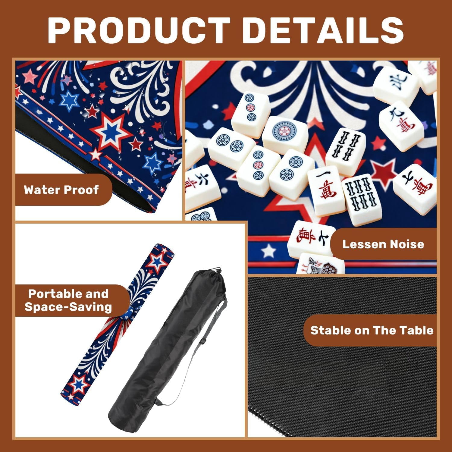 Mahjong Mat with Carrying Bag 31.5" x 31.5" Non-Slip Noise Reduction Patriotic Red White Blue Star Spangled Ribbon Bow Table Mat for Mahjong Board Game Tile Games Independence Day Decorations