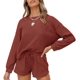 thumbnail image 1 of Otoño Cuello redondo Manga larga + Pantalones cortos con cordón Traje casual para mujer $ Conjunto de pijama con top y pantalones cortos de punto de manga larga para mujer Adepaton HMHZ1842-8, 1 of 6
